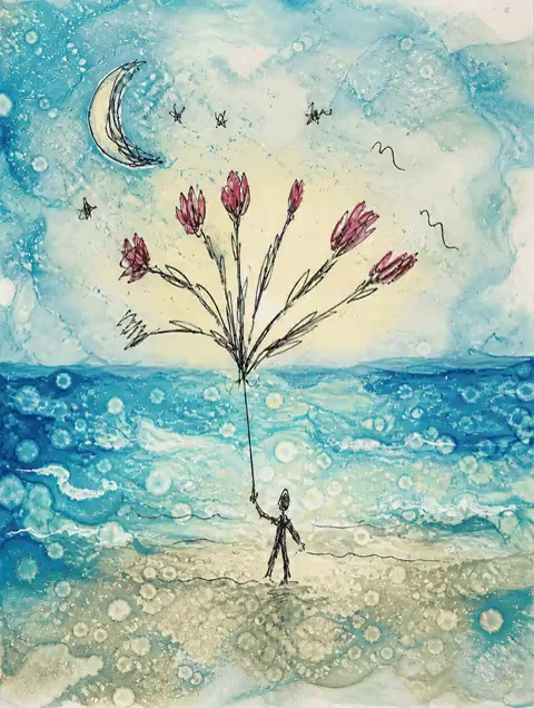 Solitude, an animated figure before the sea holding flowers beneath the moon