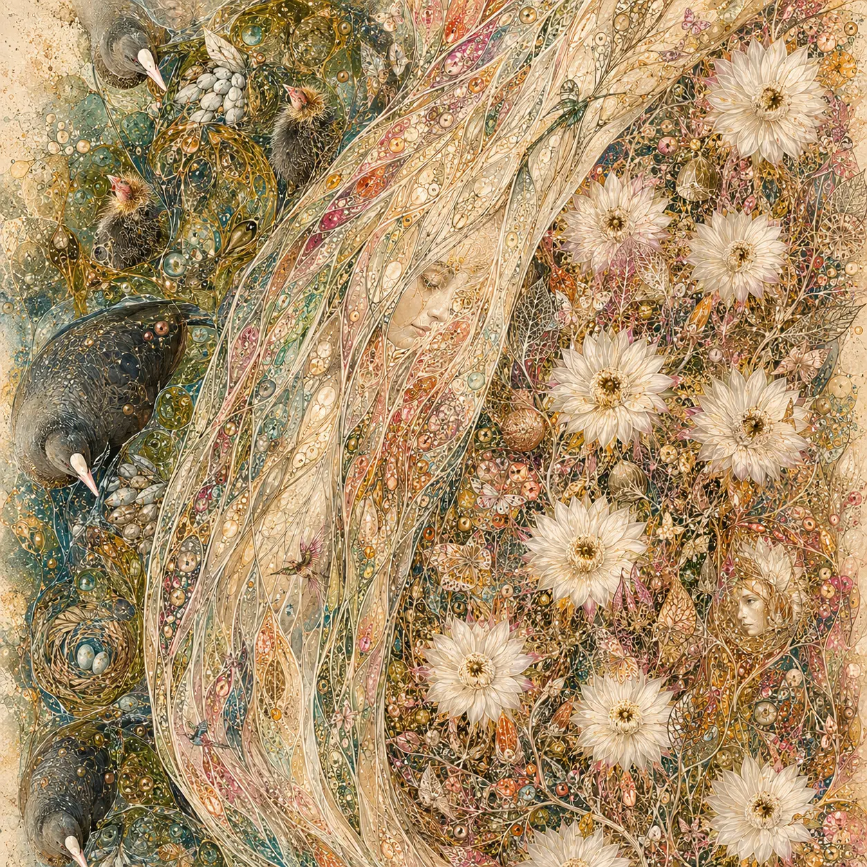 Flow, a circular organic composition in blue, gold and coral
