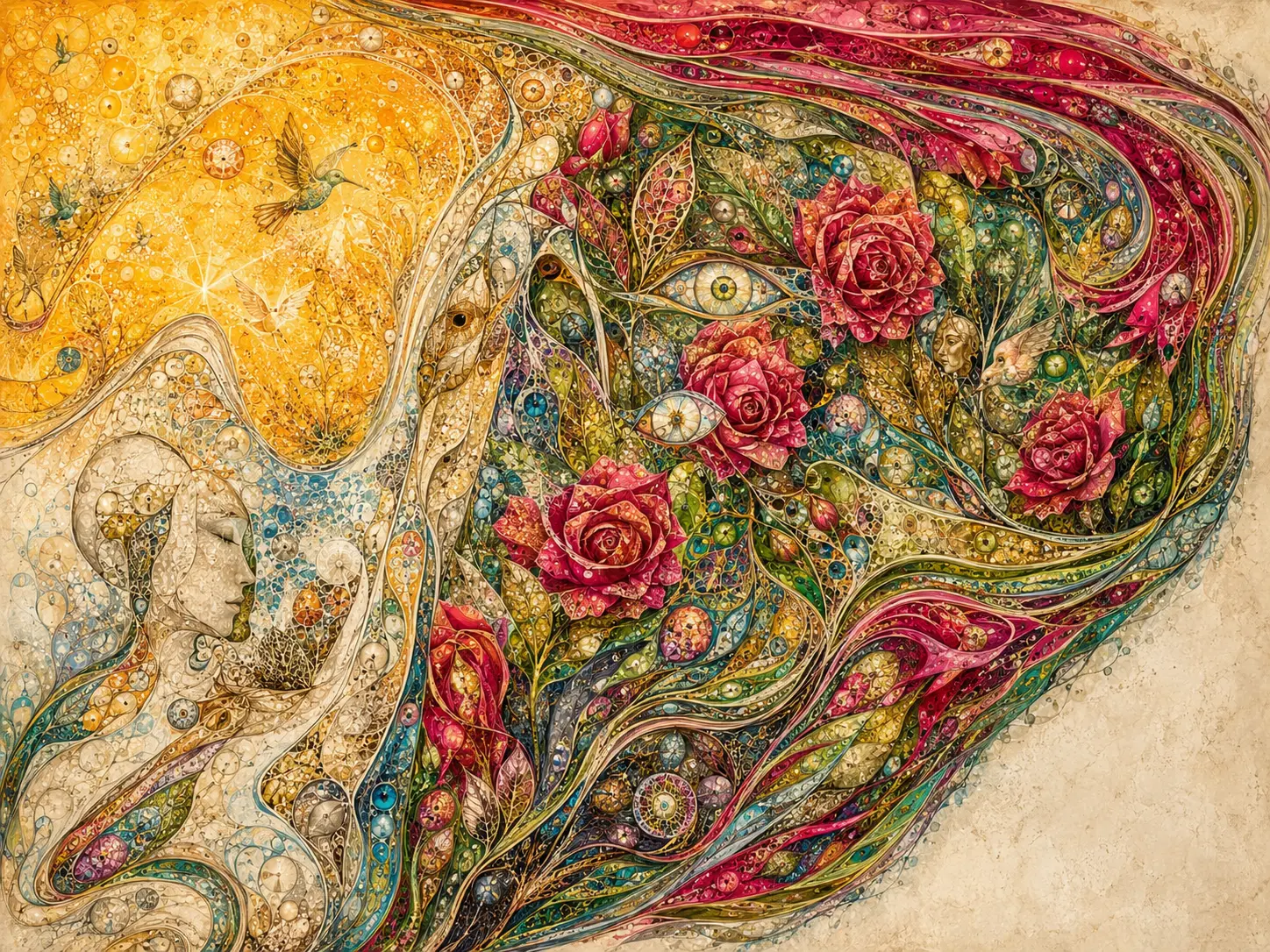 Origin, an intricate organic composition in gold, red and green