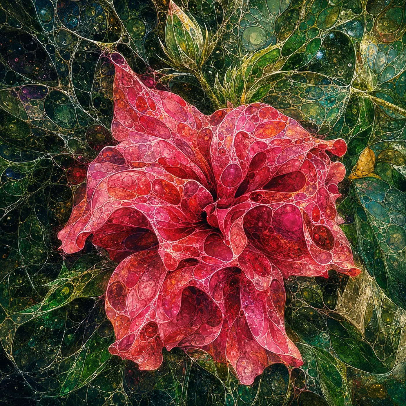 A red flower transformed through color and organic texture